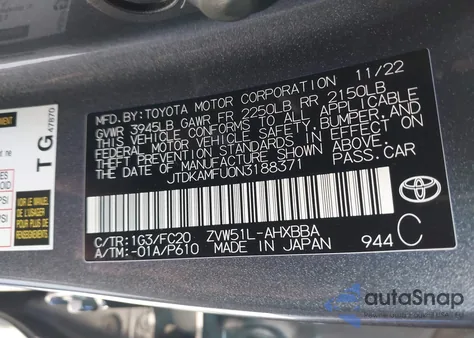2022 Toyota Prius L from USA, damaged, VIN JTDKAMFU0N3188371